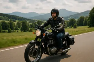 muž na motorce na silnici, příroda v pozadí