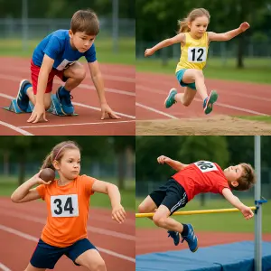Dětská atletika - kluk který startuje z bloků, holčička co skáče do dálky, holčička co vrhá koulí, kluk skáče do výšky