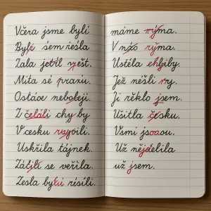 sešit s češtiny s opravenými chybami červenou propiskou