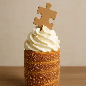 Trdelník se šlehačkou, v ní zapíchlý puzzle