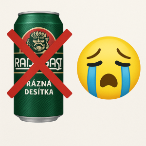 červeně přeškrtnutá plechovka piva radegast rázná desítka a vedle hodně plačící žlutý kruhový smajlík
