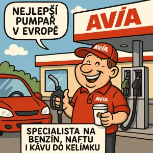 kreslený komiks obrázek čerpací stanice avia, nejlepší pumpař v Evropě, specialista na benzín, naftu i kávu do kelímku