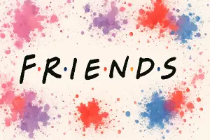 černý nápis z serialu Friends, okoli barevne cakance v barvach ruzove, fialove, cervene a modre, format obrazku obdelnik