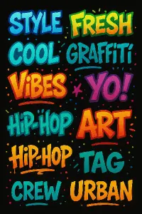 na černém pozadí, mnoho jasných barev, nápisy styl graffiti, různé styly a fonty, mnoho menších různobarevných nápisů