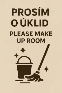 Prosím vygenerovat nápis:Prosím o úklidPlease make up roomS obrázkem úklidu