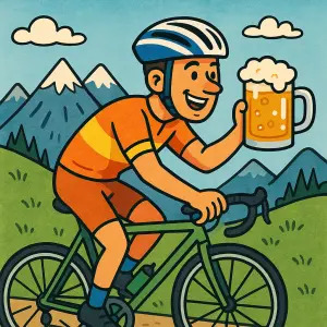 Kreslený obrázek. Cyklista v dresu a helmě, jede na kole a v ruce drží půllitr piva. V pozadí hory.