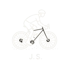 Bílý minimalistický potisk, kde budou malé iniciály "J.S." a který bude symbolizovat člověka, který rád jezdí na gravelu