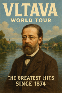 Řeka Vltava a u ní Bedřich smetana.Nápis Vltava world tour.The greatest hits since 1874