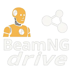 Logo hry BeamNG Drive (tři koule spojené čarou), vlevo od loga obrázek testovacího panáka z té hry. BEAMNG a čáry bílé