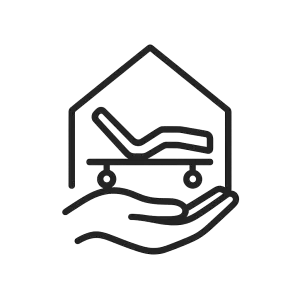 Moderní logo pro půjčovnu zdravotních pomůcek. Jednoduchý obrys domu propojený s polohovací postelí a ochrannou rukou.
