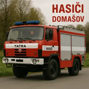 Hasičská tatra a nekde mimo ni napis Hasiči Domašov