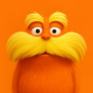 lorax oblíčej na oranžovém pozadí
