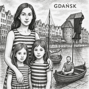 Černobílá kresba ženy a dvou dcer, v pruhovaných šatech, manžel a loďce, všichni v pozadí, v přístavu Gdaňsk.