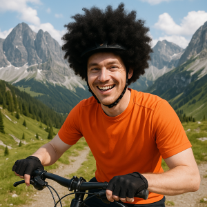 Grafika na horách, usměvavý cyklista s bílou pletí a cernošskou parukou