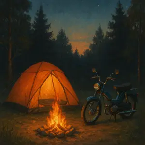 kempování,stan s ohněm a mopedem
