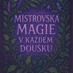 Fialový nápis Mistrovská magie v každém doušku, rámovaný bylinami, fantasy styl