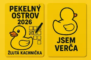 přední Pekelný ostrov 2026,žlutá kachnička a chci fixou carkovat pivo nebo drink,zadní strana kachnička a já jsem Verča