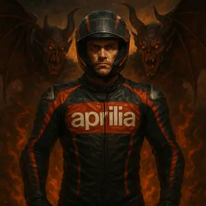 motocyklový závodník, racing kombinéza, na hrudi aprilia, neohrožený, velká ramena nad rameny velcí démoni s křídly hell