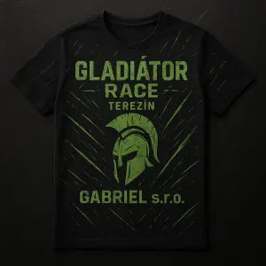 Gladiátor Race Terezín, GABRIEL s.ro., černé tričko s zelenými prvky,dej tam různě čáry a ať to vypadá drsně