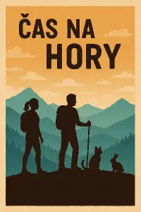 Hory, turistika,text: čas na hory, 4 siluety -žena, muz, kocour a zakrsly kralik