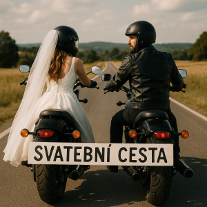 svatební cesta dvou motorkářů , muže a ženy , každý na své motorce s nápisem svatební cesta