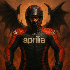 motocyklový závodník, racing kombinéza, vítěz na hrudi nápis aprilia, neohrožený, velká ramena, nad rameny démoni křídla