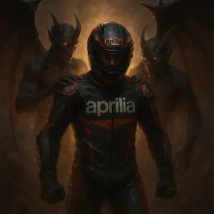 Motocyklový závodník racing kombinéza aprilia, neohrožený, dva létající démoni velká křídla drže za ramena, prosvětlený