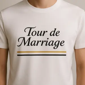 Nápis "Tour de Marriage" na přední stranu trika se žlutými a černými čárami. Elegenatní