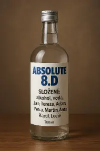 chci aby tam byla sklenena flaska na ní absolute 8.D to velkym a pod tim složení a random jmena