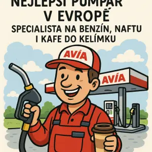 text nejlepší pumpař v Evropě, specialista na benzín, naftu i kafe do kelímkučerpací stanice avia, kreslený obrázek