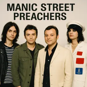 Vytvoř obrázek Manic Street Preachers se všemi 4 členy kapely v jejich typickém oblečení. Dej název kapely.