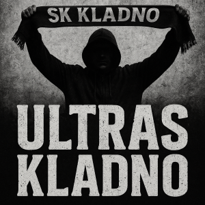 chci drsný, reálný nápis ULTRAS KLADNO a nad nim reálnou a drsnou siluetu chuligána se zdvichnutou šálou SK KLADNO