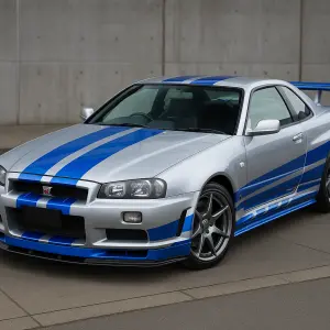 vytvoř mi prosím auto nissan skyline gt-r r34 to stříbrno modré s modrýma pruhama