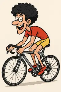 Kreslený humorný muž s kudrnatou černošskou parukou, bez kníru,hubený,svalnatý, běloch na závodním cyklistickém kole