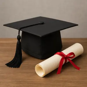 magisterská čepice s diplomem