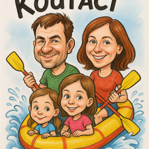 4 karikatury osob z toho: muž, žena a 2 dívky sedící na raftu a nad nimi popis Kouťáci