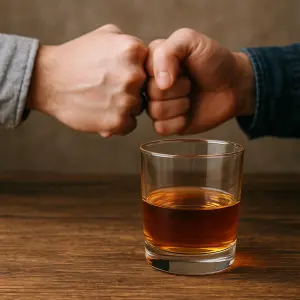 pozadí kamarádské pěsti a sklenička whisky
