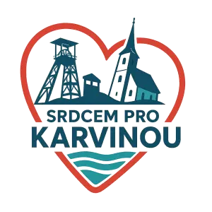 Vygeneruj logo Srdcem pro Karvinou.Město Karviná jehož dominantou je šikmý kostel v Karviné, důlní věže, karvinské moře