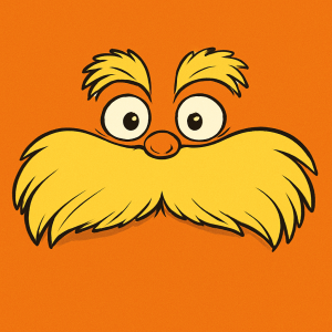 lorax oblíčej na oranžovém pozadí, jen obličej