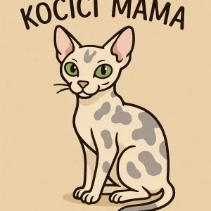 cartoon-like silueta světle kočky sphynx s šedými skvrnami zelenýma očima. Nad ni tenký nápis kočičí máma,pískové pozadi
