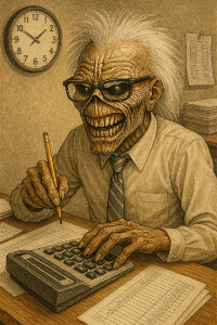 Iron Maiden maskot Eddie jako účetni