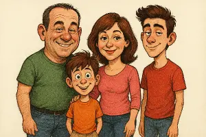 Karikatura otec ve věku padesát let, matka ve věku čtyřicet let, syn ve věku dvanáct let, syn ve věku sedmnáct let,