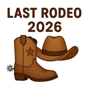 emotikon kovbojských bot a klobouku s nápisem last rodeo a rokem 2026