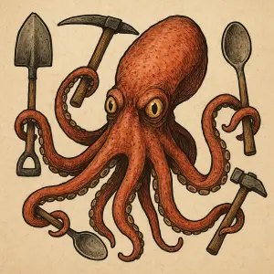 kraken nebo krakatice ktera drzi v chapadlech v kazdem zvlast lopatu , krumpac , lzici , kladivo