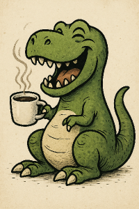 humorný dinosaurus pijící kávu