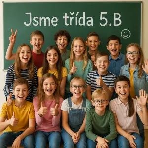 Jsme třída 5.B - jsme vtipní, skvělý kolektiv, chytří, kamarádští, krásní a natěšení na další školní léta.