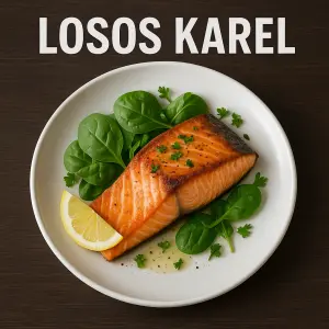 obrázek Lososa na talíři a nápis Losos Karel