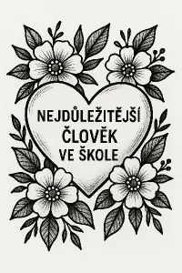 Černobílé srdce s květinami ve stylu tetování, nápis: nejdůležitější člověk ve skole