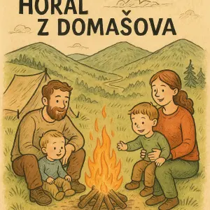 Táta s mámou a 2 kluci 1 a 3 roky u ohně, stan, vzadu kopce Bělé pod Pradědem. Kresba s barvou. Text: Horal z Domašova