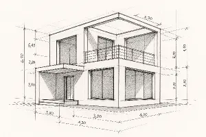 Výkres architekta, nějaký návrh domů s kótami, jeden moderní dům bez střechy
